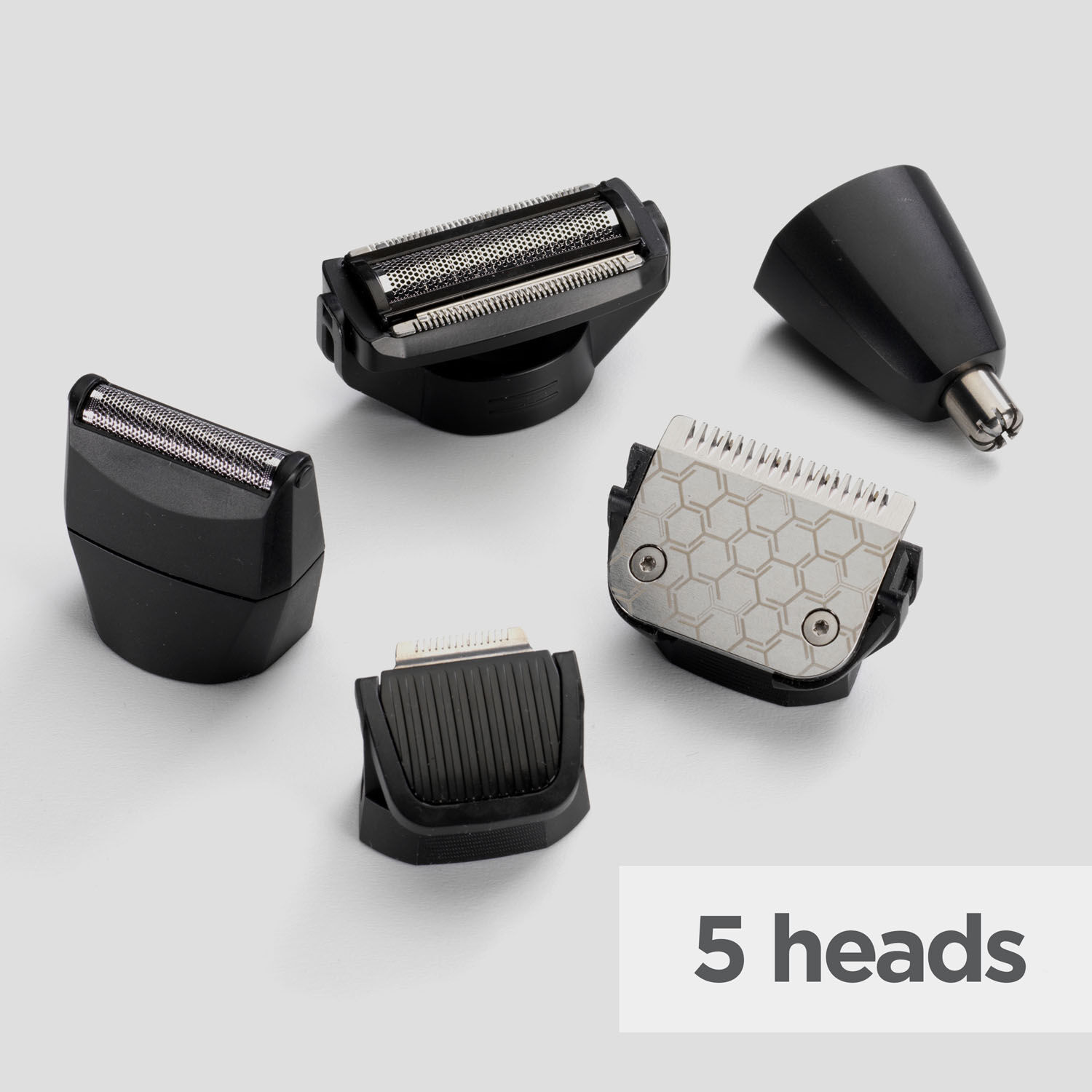 5 heads (Nose/Ear Trimmer, Precision Trimmer, Body groomer, Detail trimmer, Foil shaver)